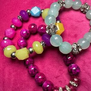 Handmade Beaded Bracelet Set of 3 Blue and Purple Stretch 0776 P